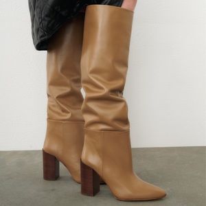 zara knee high leather boots taupe grey